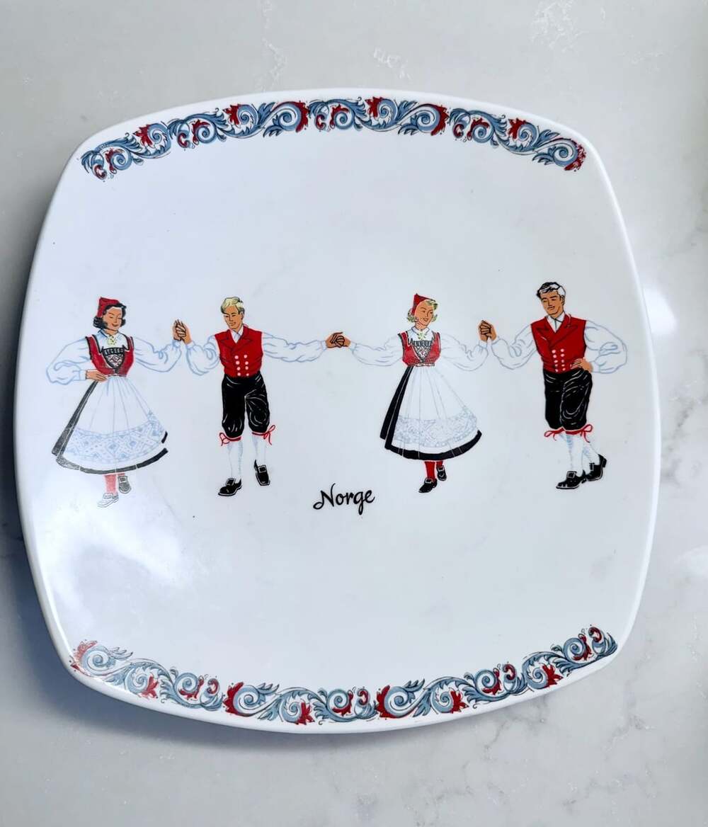 Vintage Figgjo Flint Norway Square Plate with Traditional Norwegian Folk Dancers